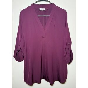 Calvin Klein Blouse Size 1X Purple Roll Tab Sleeve V Neck Blouse